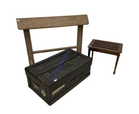 Early 20th century wood and metal bound travelling trunk, inscribed '[Wing Commander] K.S. Batchelor. [CBE]' and decorated wi