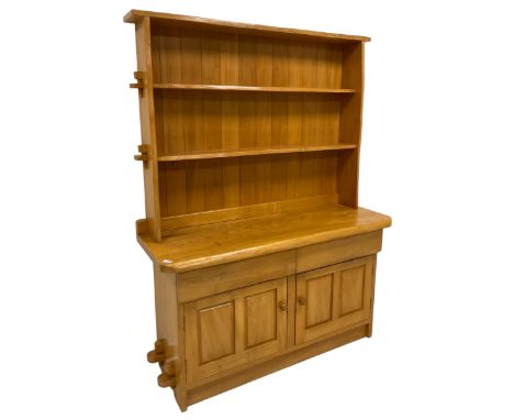 20th century light elm kitchen dresser, two-tier plate rack over a shaped top, the base fitted with two drawers over two pane