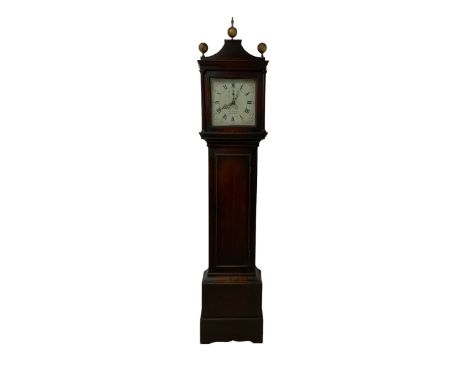 Oak longcase clock c1790 - with a pagoda top and three wooden gesso finials, hood with glazed side panels, square hood door a