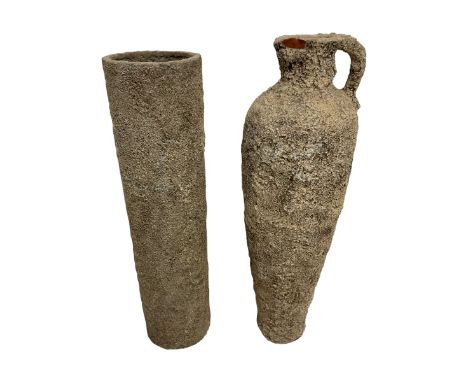 Shipwreck finish terracotta Amphora-shaped urn (H100cm); and matching cylindrical planter (H95cm)