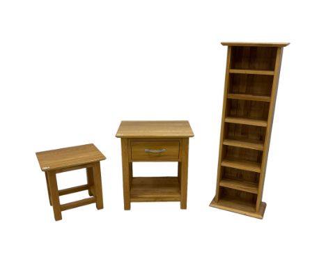 Light oak bedside table with drawer (W50cm, H57cm, D35cm); light oak narrow bookcase (W37cm, H112cm, D21cm); and a small ligh