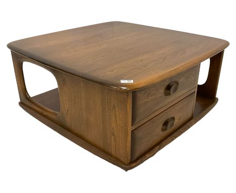 Ercol - mid-20th century Windsor elm 'Pandora' coffee table square form with rounded sides, fitted with bank of two drawers, 