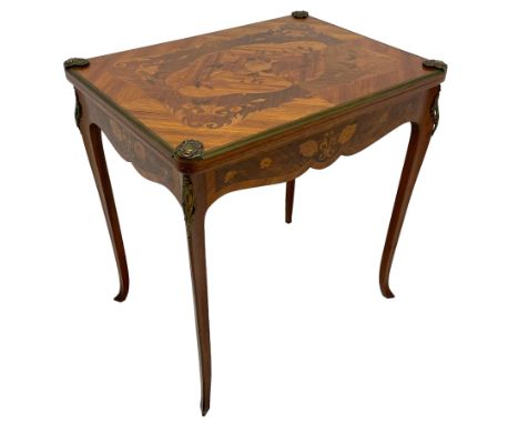 Mid-20th century Kingwood and rosewood card or games table, the rectangular top with rounded corners inlaid with shaped panel
