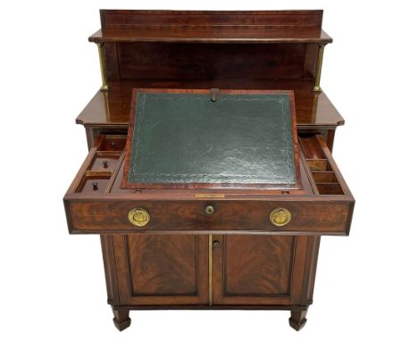 In the manor of George Bullock - early 19th century mahogany chiffonier writing desk, raised back with shelf on brass pillar 