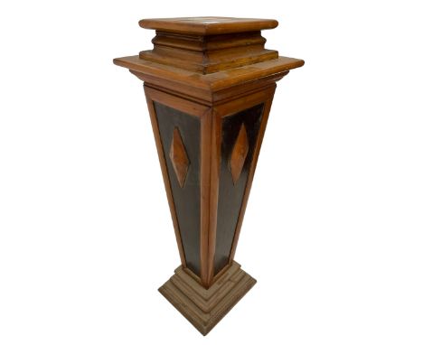 19th century pitch pine stand, square step moulded top on square tapering column, decorated with faceted lozenge motifs, on s