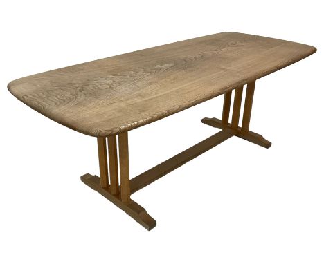 Ercol - elm and beech dining table, rectangular top on triple pillar supports, sledge feet  united by flat stretcher Dimensio