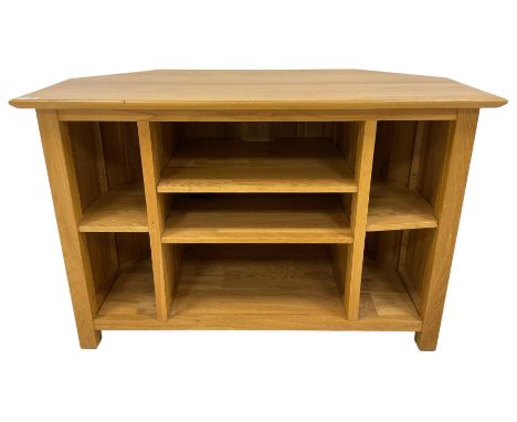 Light oak corner television stand, fitted with various adjustable shelvesDimensions: Height:&nbsp;64cm&nbsp; Length/Width:&nb