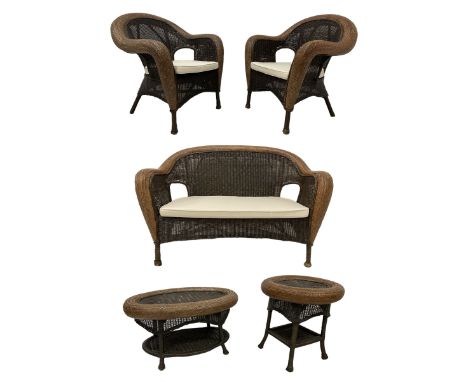 Rattan cane work conservatory suite - two-seat sofa (W124cm, H83cm); pair of armchairs (W75cm, H83cm); and two occasional tab