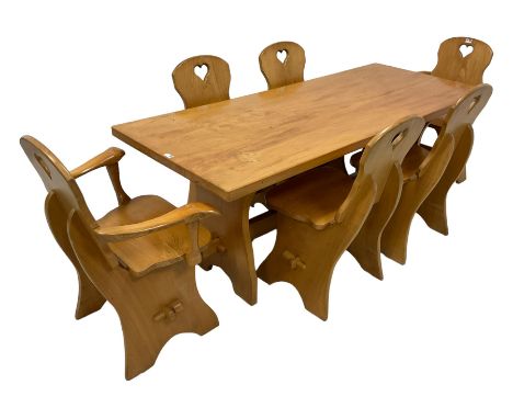 20th century light elm refectory dining table, rectangular top over shaped end supports united by pegged stretcher (W183cm D7