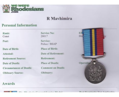 Rhodesian General Service Medal to 28017 Constable R. Mavhimira