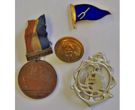 Maritime interest - including medals, button, lapel pin etc. R.M.S. Mauretania medal is interesting.. Nice lot.