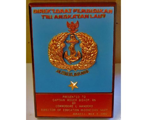 Presentation Plaque from Commodore L. Handoko, Indonesian Navy to Captain R. Bishop RN. Very impressive piece.