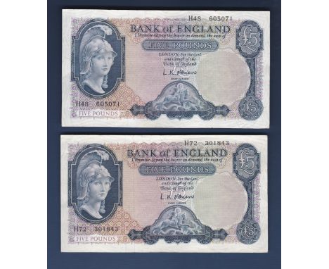 Great Britain 1961 £5 Helmeted Britannia, L.K. O'Brien, Prefix H48 and H72, GVF+. First Series (2)