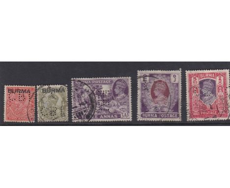 Burma perfin range of Kings George V & VI incl 2 r & 5r used scarce (5)