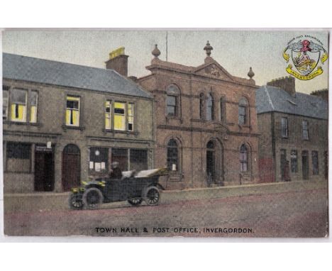 Scotland/ Post Office Town Hall and Post Office Invergordon - Early colour card, vintage auto passing by.5