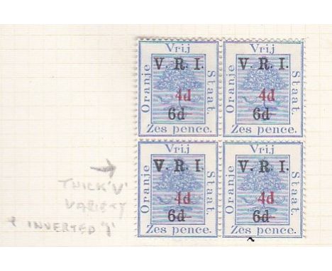 South Africa/Orange Free State 1902 V. R. I. Overprint 4d on 6d on 6d block of 4 mounted mint with variety 'thick V and inver