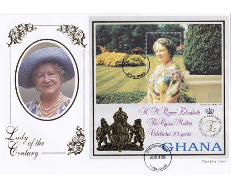 Ghana - 1999  Queen Mother's 100th Birthday Miniature Sheet on First Day Cover.  Most attractive.