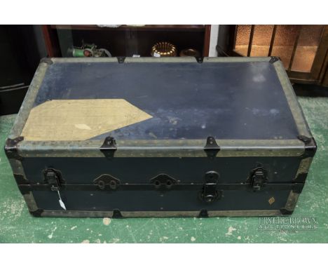 A vintage wardrobe trunk with metal bound corners, 101 x 53 x 38 cm approx.