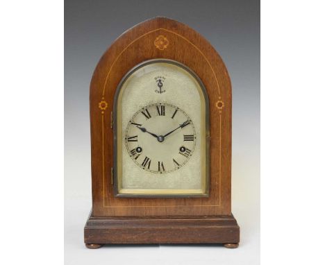German inlaid mahogany lancet arch bracket clock, circa 1900, 36cm high