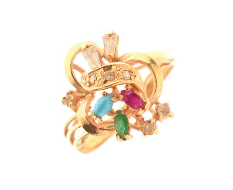 Eastern yellow metal gem-set dress ring, set ruby, emerald, turquoise and white stones, the shank stamped '21K', size P appro