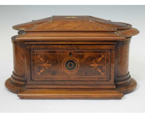 Mid-Victorian inlaid walnut tea caddy, the interior fitted with cut glass sugar bowl, 36cm x 21cm