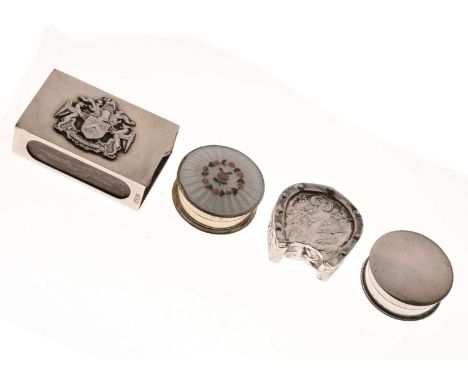 George V silver box with enamel decoration to the lid, Birmingham 1910, a similar plain box, silver matchbox cover decorated 