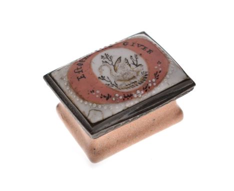 Georgian enamel patch box, of rectangular waisted form, the hinged cover decorated with a swan and 'Esteem The Giver', 3.5cm 
