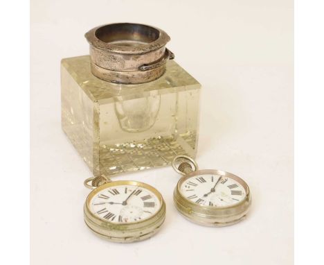 Edwardian silver mounted glass inkwell, the hinged lid having 'Goliath' watch holder, 10.5cm wide approx, together with two s