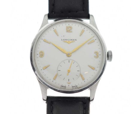 Longines - Gentleman's stainless steel cased wristwatch, circa 1953, having a silver dial with gilt dagger and quarter Arabic