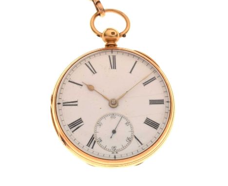 Edwardian 18ct open faced pocket watch, H. Fowle, Red Hill, having a white enamel dial with seconds subsidiary at the sixth h