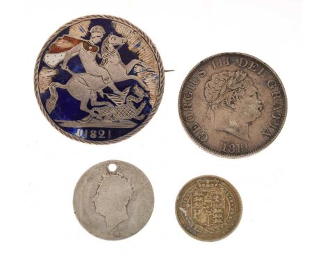 George IV enamel crown brooch 1821, George III florin 1819, etc, 48g gross approx (4)