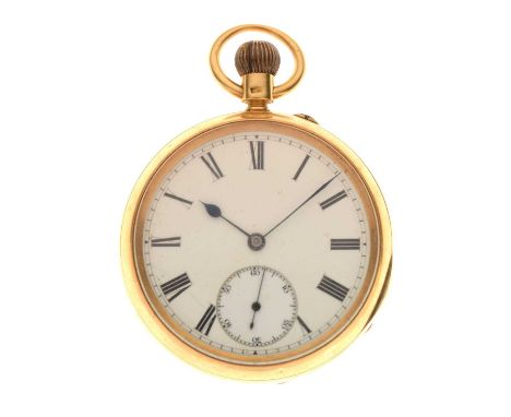 Late Victorian 18ct gold open faced pocket watch, having a white enamel Roman dial with seconds subsidiary at the sixth hour 