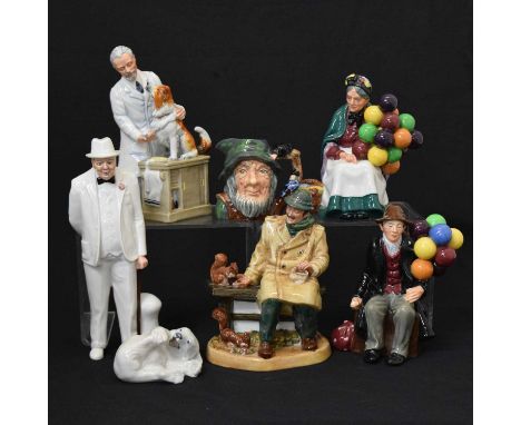 Royal Doulton - Five porcelain figures comprising; 'Lunchtime' (HN 2485), 'Thanks Doc!' (HN 2731), 'The Balloon Man' (HN 1954