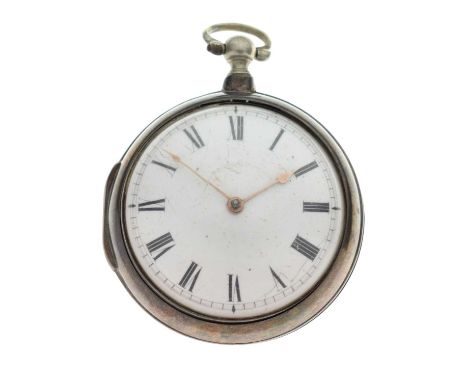 George III silver pair cased pocket watch, John Rayment, London, having a white enamel Roman dial with gilt metal spade hands