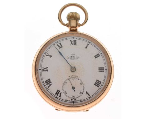 Smiths De Luxe - 1950's 9ct gold open-faced pocket watch, having a white enamel Roman dial with seconds subsidiary at the six