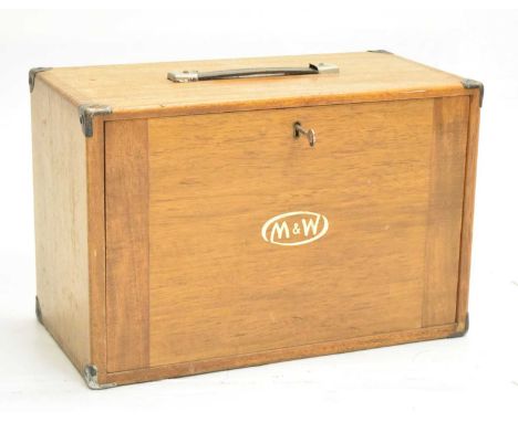 Moore &amp; Wright (M&amp;W) teak tool cabinet, the fall front enclosing arrangement of four short and three long drawers, 43