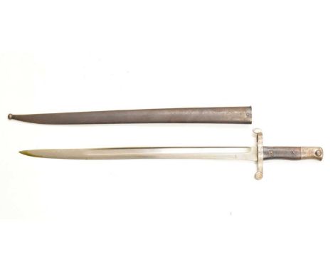 Portuguese model 1886 sword bayonet, 46cm long fullered single-edged blade marked Steyr 1886, steel guard stamped 'H865', woo