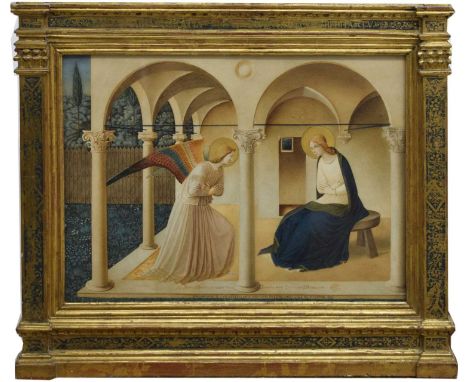 After Fra Angelico - The Annunciation, a 19th century chromolithographic print with gilt haloes, probably 1864 by Storch & Kr