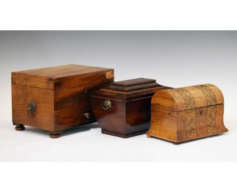 19th century mahogany inlaid sarcophagus three-division tea caddy with lion mask handle to the sides, together with a Victori