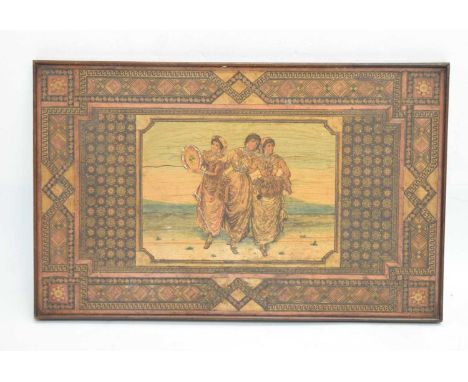 Late 19th or early 20th century Italian Sorrento walnut veneer and marquetry inlaid games tray, the central games board flank