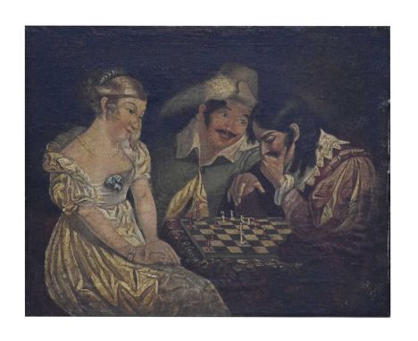 19th century Continental school - Oil on canvas - Chess players, 25cm x 31cm, in gilt frame