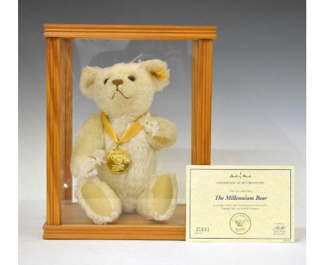 Steiff - Danbury Mint 'The Millennium Bear' (21641) with medal, 30cm high, with wooden and Perspex case, 23cm x 20cm x 29cm h