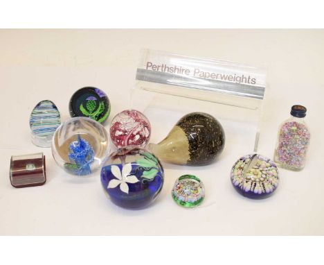Assorted paperweights to include: small Perthshire faceted weight Limited Edition 400, Okra Nekton 1997 weight, Caithness Alb