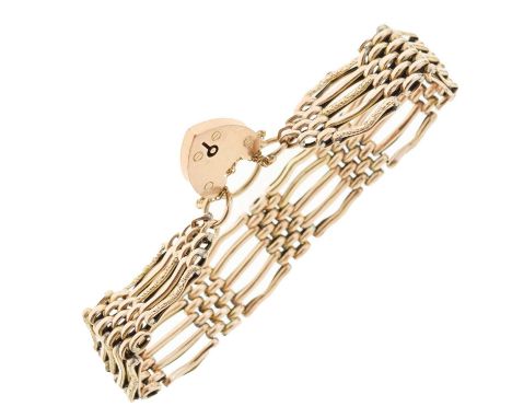 Five-bar gate link bracelet with heart shaped padlock, stamped '9ct', 20g approx