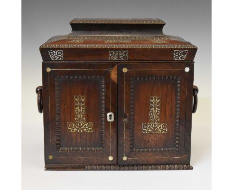 Victorian mother-of-pearl inlaid rosewood table top sewing cabinet, the hinged caddy top enclosing silk-lined interior contai
