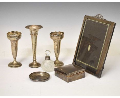 George VI silver picture frame with easel mount, Birmingham 1944, silver bud vases, silver mounted scent bottle, etc