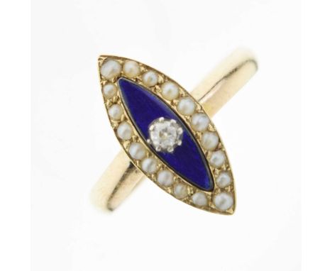 Victorian navette-shaped ring having blue enamel decoration with an old cut diamond to the centre within a border of seed pea