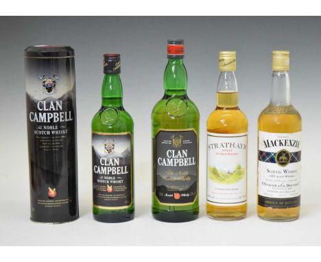Clan Campbell Noble Scotch whisky, 2 bottles, Mackenzie Scotch Whisky, 1 bottle, and Strathayr Finest Scotch Whisky, 1 bottle