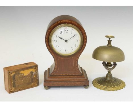 Edwardian inlaid mahogany balloon-form mantel clock, with timepiece movement, 21.5cm high approx, together with a child's 'Ty