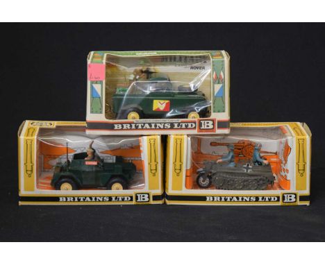 Britains - Three boxed military diecast model vehicles comprising; 9780 'German Half Track Motorcycle', 9780 'British Scout C